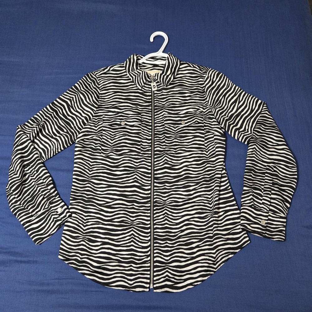 Michael Kors Blouse Womens Small Long Sleeve Black White Zebra Zip Tunic Top